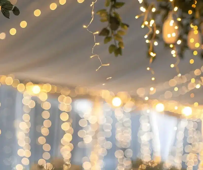 a luxurious white tent adorned with twinkling fairy lights and cascading ivy, creating a magical atmosphere for a sophisticated event.