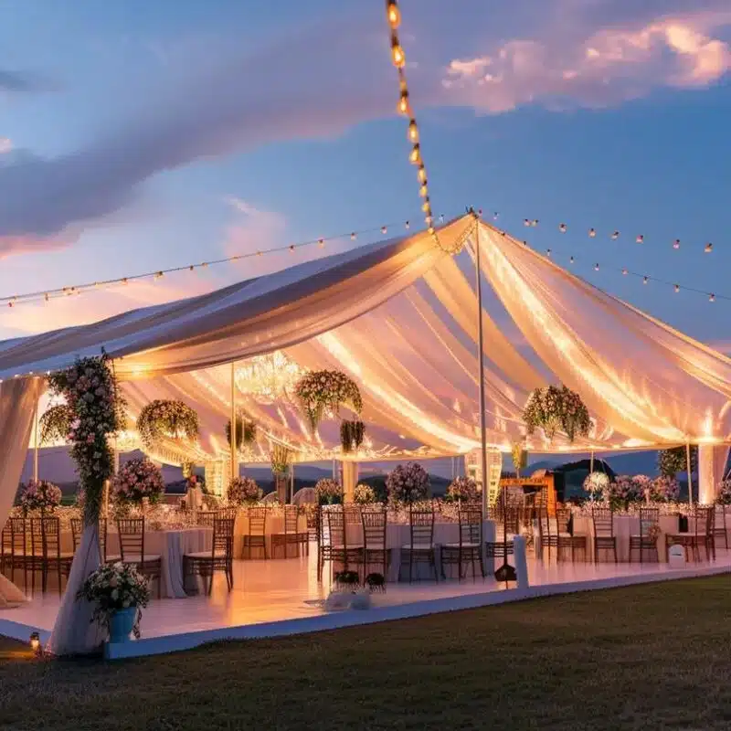 a beautifully arranged, elegant outdoor event under a large, pristine white tent, draped with soft fabric and illuminated by warm fairy lights, showcases the importance of professional tent setup for creating an inviting atmosphere.