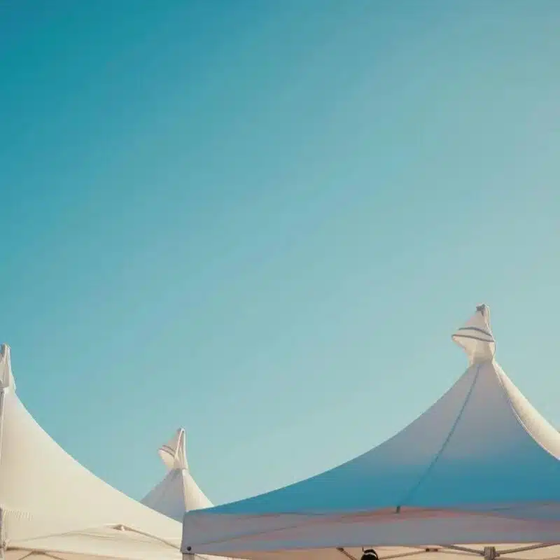 a vibrant outdoor event scene showcases elegantly arranged tents under a clear blue sky, highlighting the diverse styles and sizes available from top tent rental services.