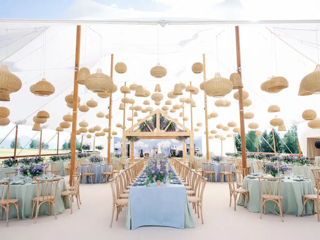 Tented event with ice blue and white theme