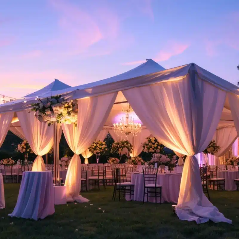 a meticulously arranged outdoor event space showcases an elegant tent adorned with flowing white drapes and vibrant floral centerpieces, illuminated by soft, golden lighting during the golden hour.