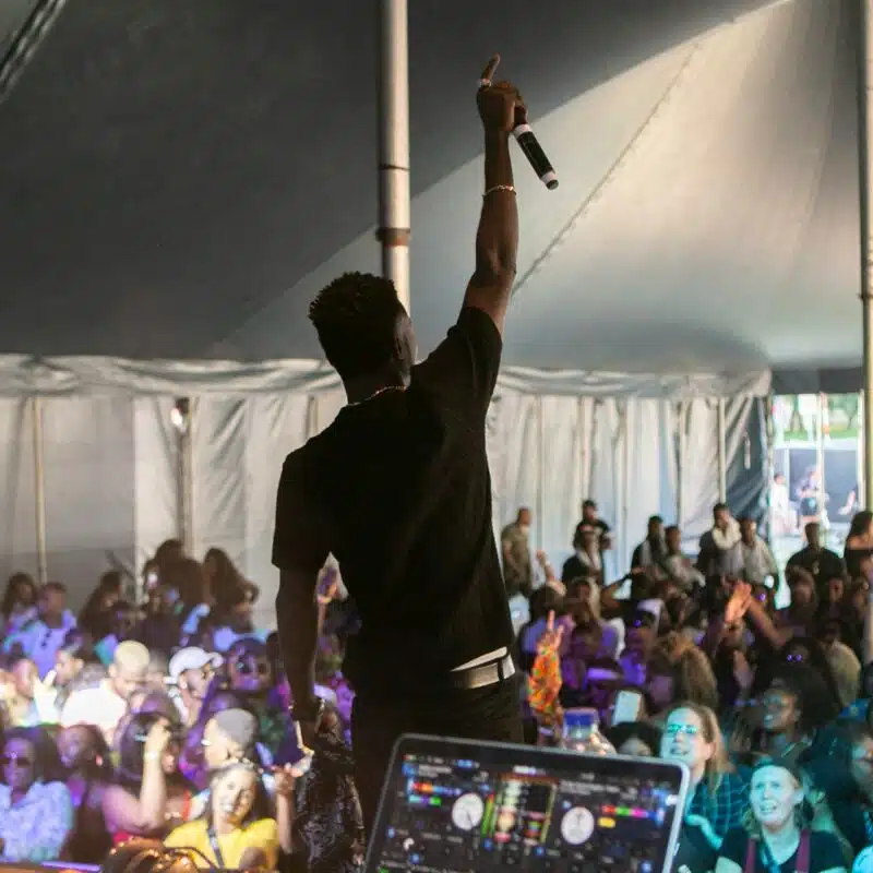 A lively music performance under a large festival tent, with an enthusiastic crowd enjoying the event.