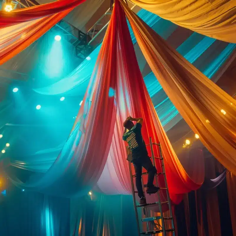 a dynamic scene in a bustling event setting showcases a professional team efficiently assembling and disassembling a large, colorful rental tent, highlighted by crisp angles and dramatic overhead lighting, emphasizing the ease and speed of the process.