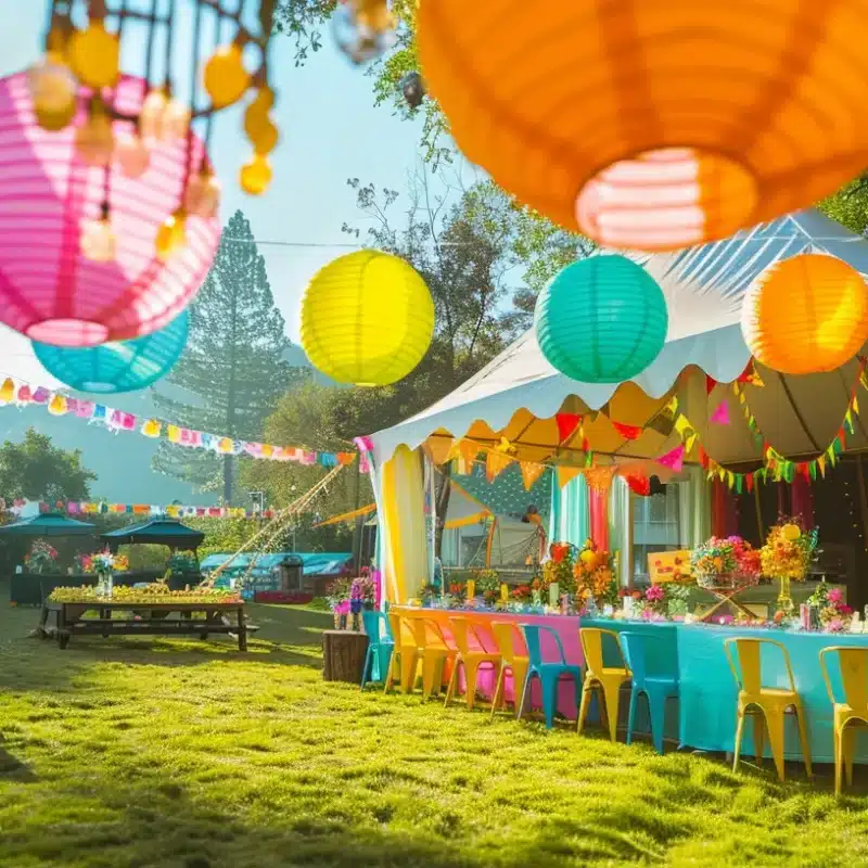 a vibrant outdoor party setup featuring a large, eye-catching tent securely anchored on a grassy area, surrounded by colorful decorations and party essentials, illustrating the practicality and creativity involved in overcoming installation challenges.