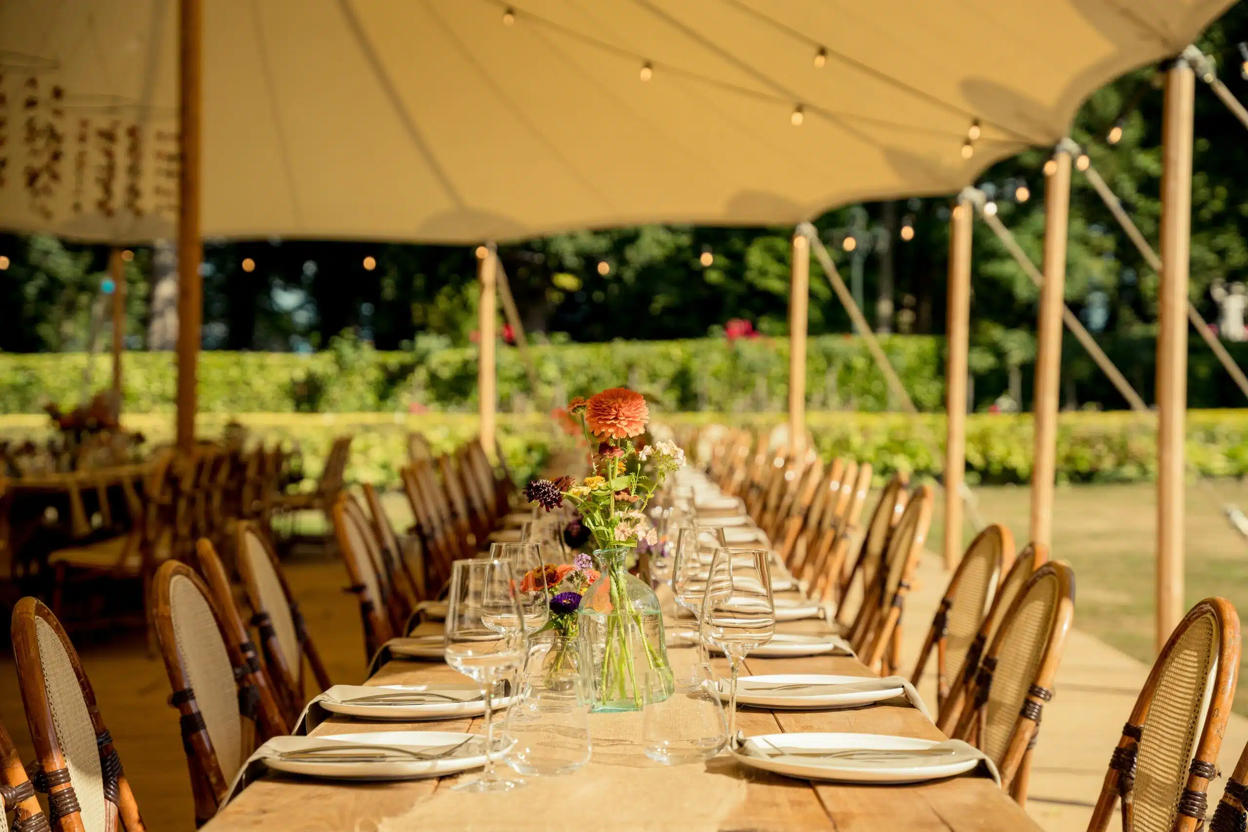 A rustic wedding tent setup featuring wooden tables, rattan chairs, and simple glass vases with wildflowers, all under a canvas canopy with string lights.