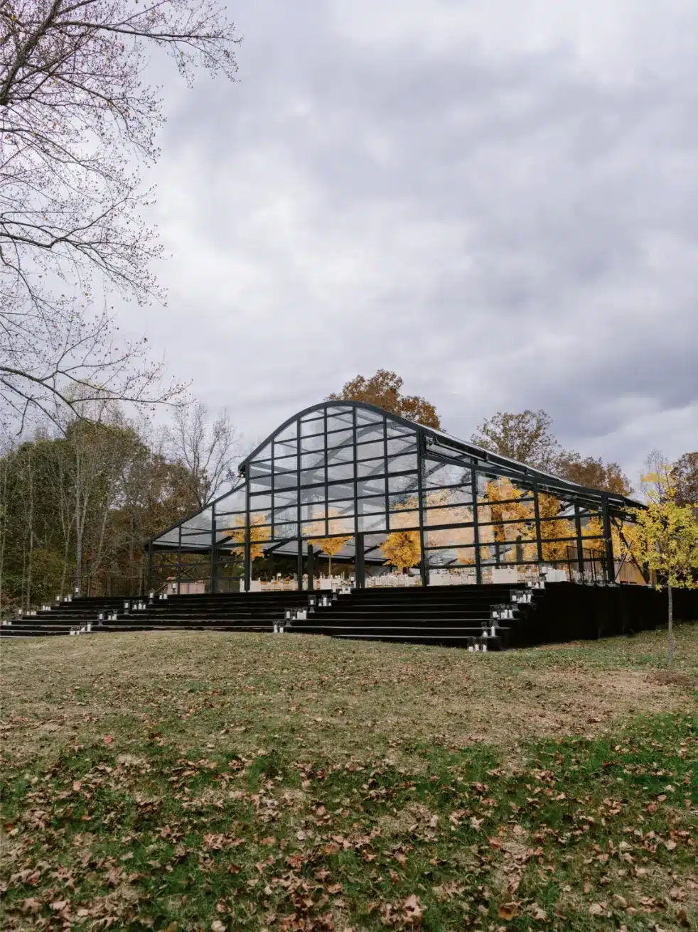 Clear-structure tent with interior trees and multi-tiered stairs, demonstrating how incorporating decorative features, staging, and guest flow impacts sailcloth tent size planning.