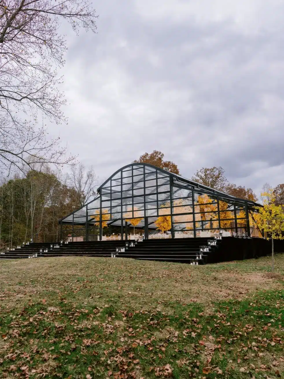 Framed glass event tent with autumn trees inside