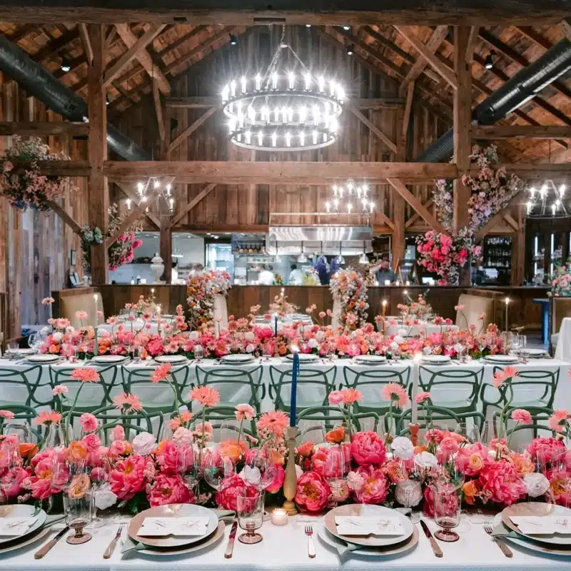 Rustic barn reception with long tables overflowing with bright pink and coral floral centerpieces.