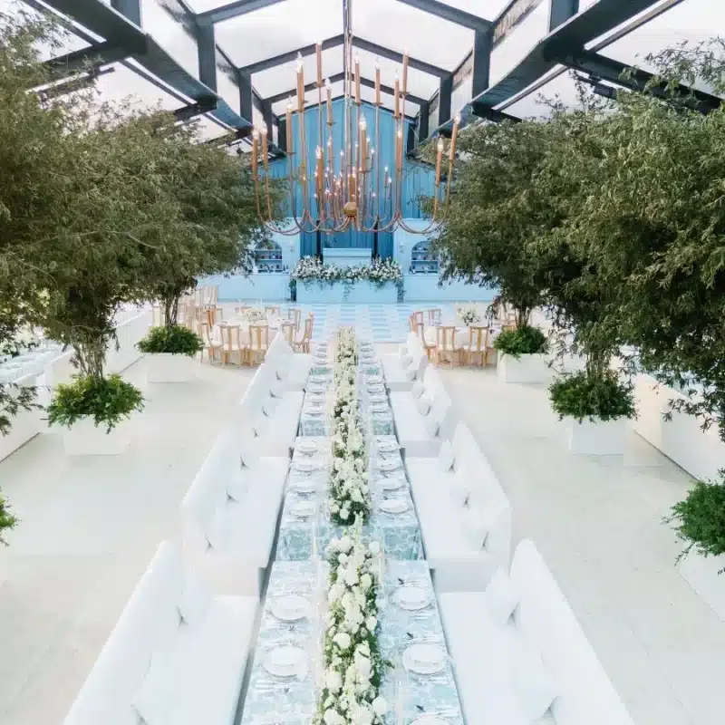 Clear-top tent reception with long banquet table framed by potted trees and chandeliers.