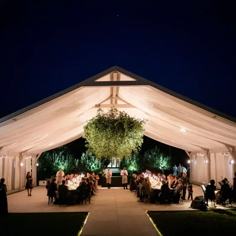 Large-scale outdoor event under elegant tent structure