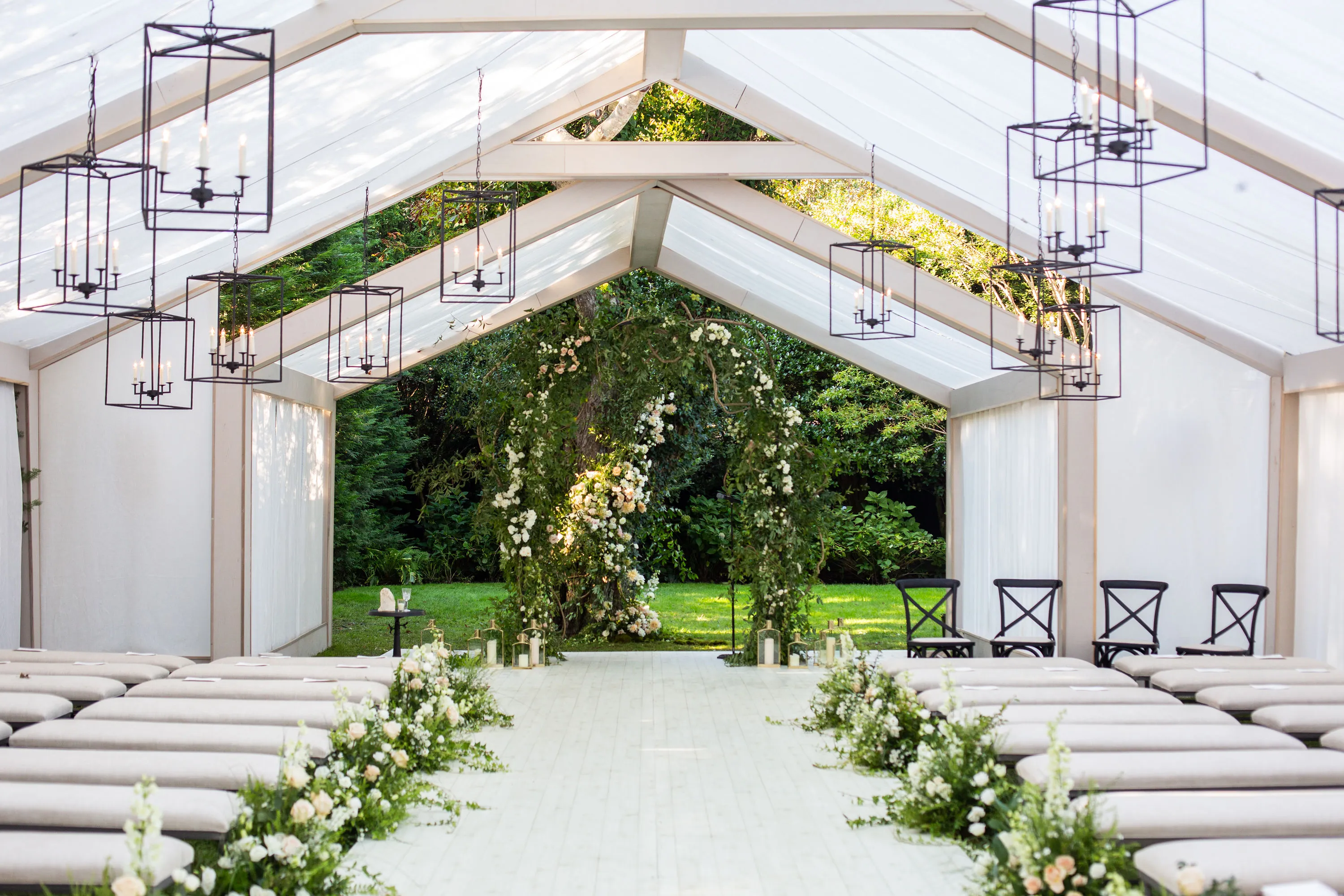 Autumn wedding reception inside a luxury tent
